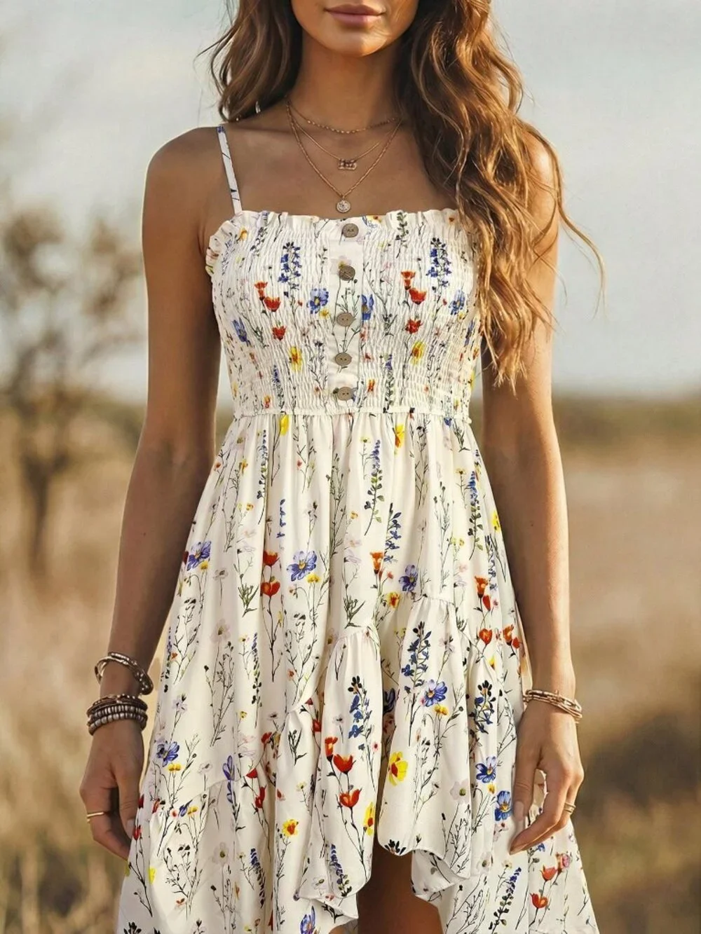 White Boho Women's Casual Floral Print Cinched Waist Midi Dress - Picture 5 of 7